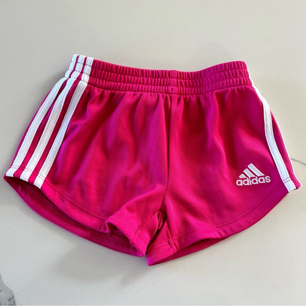 Adidas Bright Pink Three-Stripe Mesh Shorts